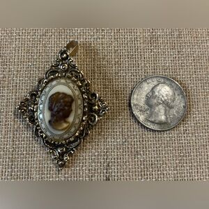 Vintage Brown  Cameo Filagree  Necklace Pendant And Brooch